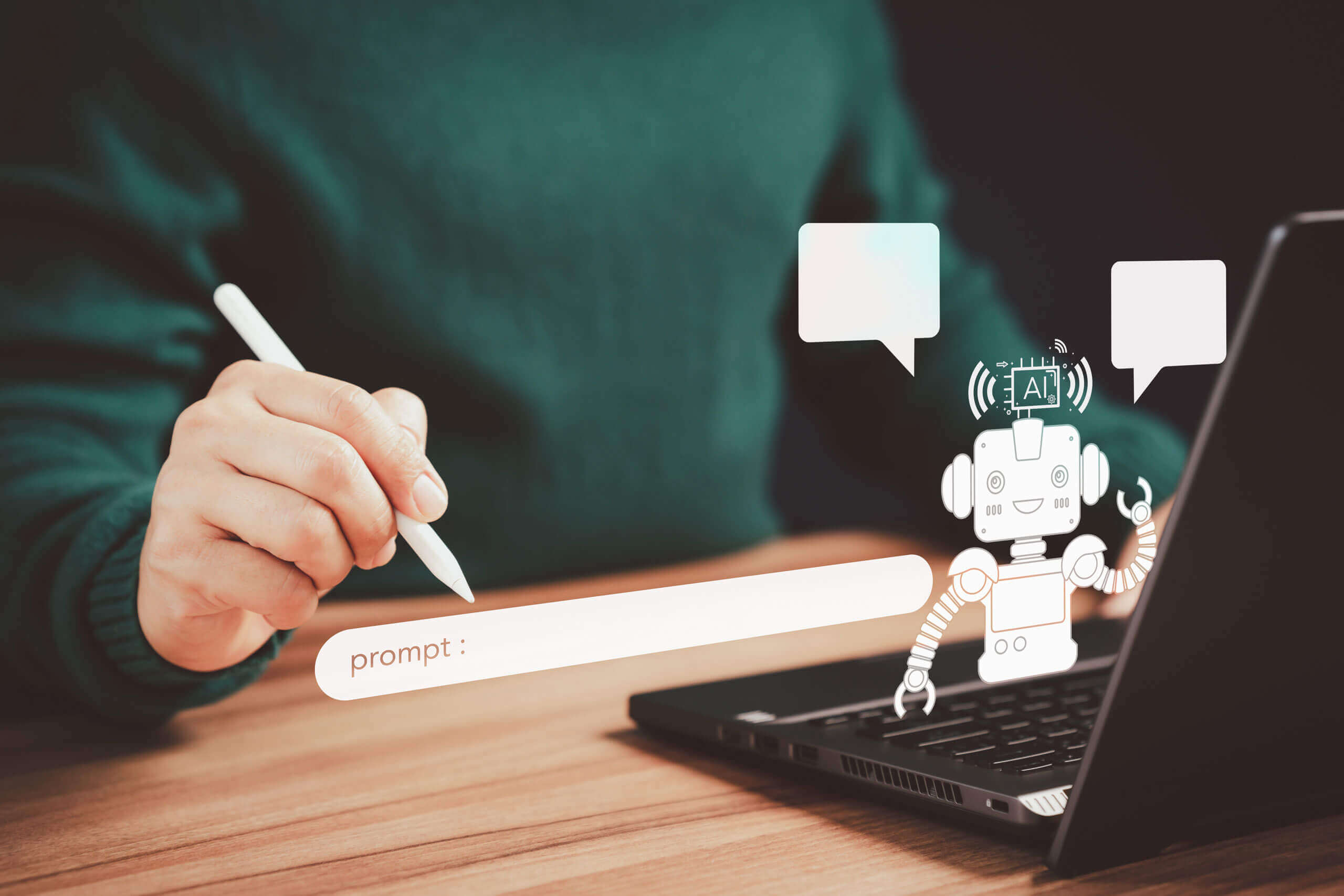 ai_prompt_stock (1) Writing a prompt for an AI model with a robot illustration