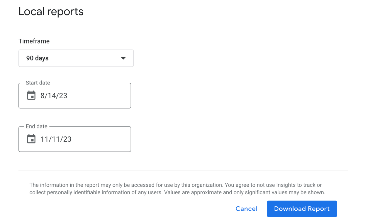 google business profile insights report dates